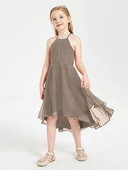 Trendy Tea Length Junior Bridesmaid Dresses Asymmetrical Skirt Taupe