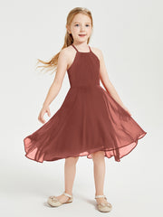 Trendy Tea Length Junior Bridesmaid Dresses Asymmetrical Skirt Terracotta