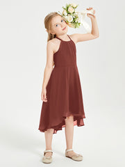 Trendy Tea Length Junior Bridesmaid Dresses Asymmetrical Skirt Terracotta