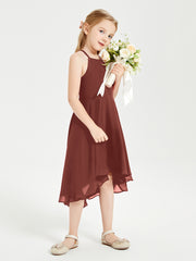 Trendy Tea Length Junior Bridesmaid Dresses Asymmetrical Skirt Terracotta