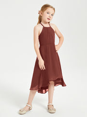 Trendy Tea Length Junior Bridesmaid Dresses Asymmetrical Skirt Terracotta