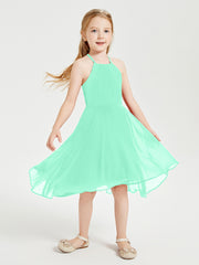 Trendy Tea Length Junior Bridesmaid Dresses Asymmetrical Skirt Turquoise