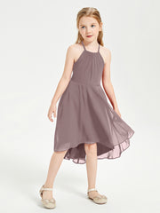 Trendy Tea Length Junior Bridesmaid Dresses Asymmetrical Skirt Vintage Mauve