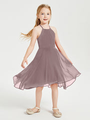 Trendy Tea Length Junior Bridesmaid Dresses Asymmetrical Skirt Vintage Mauve