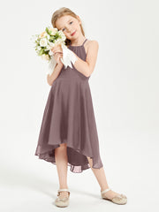 Trendy Tea Length Junior Bridesmaid Dresses Asymmetrical Skirt Vintage Mauve