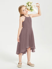 Trendy Tea Length Junior Bridesmaid Dresses Asymmetrical Skirt Vintage Mauve