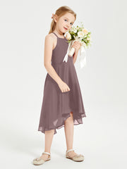 Trendy Tea Length Junior Bridesmaid Dresses Asymmetrical Skirt Vintage Mauve