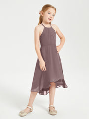 Trendy Tea Length Junior Bridesmaid Dresses Asymmetrical Skirt Vintage Mauve
