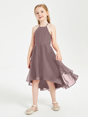 Trendy Tea Length Junior Bridesmaid Dresses Asymmetrical Skirt Vintage Mauve