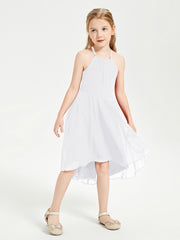 Trendy Tea Length Junior Bridesmaid Dresses Asymmetrical Skirt White