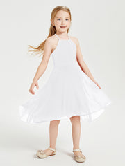 Trendy Tea Length Junior Bridesmaid Dresses Asymmetrical Skirt White