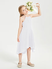 Trendy Tea Length Junior Bridesmaid Dresses Asymmetrical Skirt White