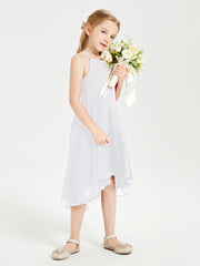 Trendy Tea Length Junior Bridesmaid Dresses Asymmetrical Skirt White