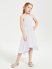 Trendy Tea Length Junior Bridesmaid Dresses Asymmetrical Skirt White