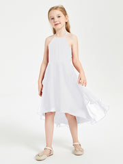 Trendy Tea Length Junior Bridesmaid Dresses Asymmetrical Skirt White