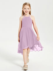 Trendy Tea Length Junior Bridesmaid Dresses Asymmetrical Skirt Wisteria