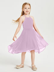Trendy Tea Length Junior Bridesmaid Dresses Asymmetrical Skirt Wisteria