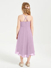 Trendy Tea Length Junior Bridesmaid Dresses Asymmetrical Skirt Wisteria