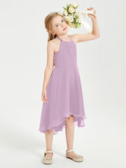 Trendy Tea Length Junior Bridesmaid Dresses Asymmetrical Skirt Wisteria