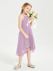 Trendy Tea Length Junior Bridesmaid Dresses Asymmetrical Skirt Wisteria