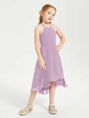 Trendy Tea Length Junior Bridesmaid Dresses Asymmetrical Skirt Wisteria