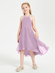 Trendy Tea Length Junior Bridesmaid Dresses Asymmetrical Skirt Wisteria