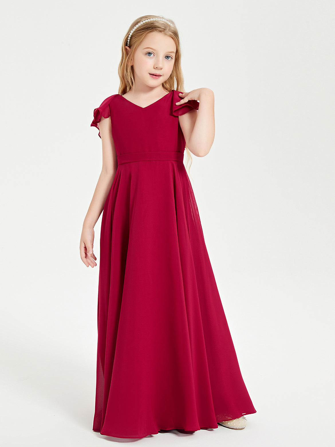 BABARONI Chiffon Burgundy Junior Bridesmaid Dresses A-line V-neck Long  Sleeve Pleated Ruched Floor-length