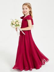 Delicate Chiffon Junior Bridesmaid Gown Flutter Sleeves V-neck Burgundy