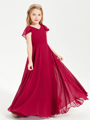 Delicate Chiffon Junior Bridesmaid Gown Flutter Sleeves V-neck Burgundy