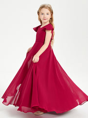 Delicate Chiffon Junior Bridesmaid Gown Flutter Sleeves V-neck Burgundy