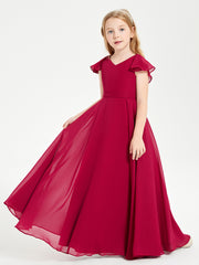 Delicate Chiffon Junior Bridesmaid Gown Flutter Sleeves V-neck Burgundy