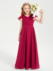 Delicate Chiffon Junior Bridesmaid Gown Flutter Sleeves V-neck Burgundy