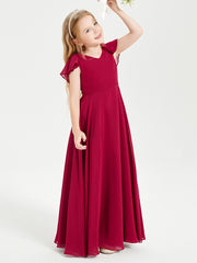 Delicate Chiffon Junior Bridesmaid Gown Flutter Sleeves V-neck Burgundy