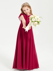 Delicate Chiffon Junior Bridesmaid Gown Flutter Sleeves V-neck Burgundy