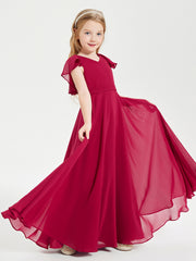 Delicate Chiffon Junior Bridesmaid Gown Flutter Sleeves V-neck Burgundy