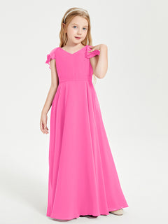 Delicate Chiffon Junior Bridesmaid Gown Flutter Sleeves V-neck Azalea