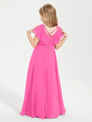 Delicate Chiffon Junior Bridesmaid Gown Flutter Sleeves V-neck Azalea