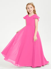 Delicate Chiffon Junior Bridesmaid Gown Flutter Sleeves V-neck Azalea