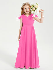 Delicate Chiffon Junior Bridesmaid Gown Flutter Sleeves V-neck Azalea