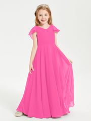 Delicate Chiffon Junior Bridesmaid Gown Flutter Sleeves V-neck Azalea