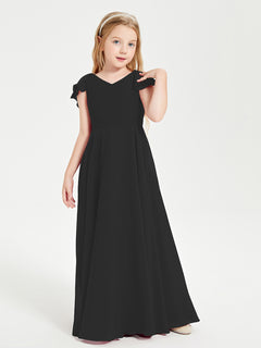 Delicate Chiffon Junior Bridesmaid Gown Flutter Sleeves V-neck Black