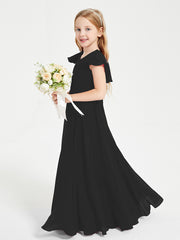 Delicate Chiffon Junior Bridesmaid Gown Flutter Sleeves V-neck Black