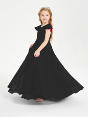 Delicate Chiffon Junior Bridesmaid Gown Flutter Sleeves V-neck Black