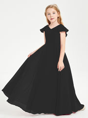 Delicate Chiffon Junior Bridesmaid Gown Flutter Sleeves V-neck Black