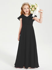 Delicate Chiffon Junior Bridesmaid Gown Flutter Sleeves V-neck Black