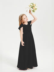 Delicate Chiffon Junior Bridesmaid Gown Flutter Sleeves V-neck Black