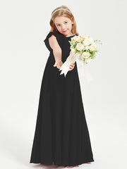 Delicate Chiffon Junior Bridesmaid Gown Flutter Sleeves V-neck Black