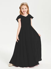 Delicate Chiffon Junior Bridesmaid Gown Flutter Sleeves V-neck Black