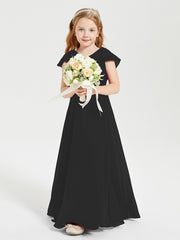 Delicate Chiffon Junior Bridesmaid Gown Flutter Sleeves V-neck Black