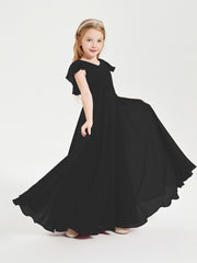 Delicate Chiffon Junior Bridesmaid Gown Flutter Sleeves V-neck Black